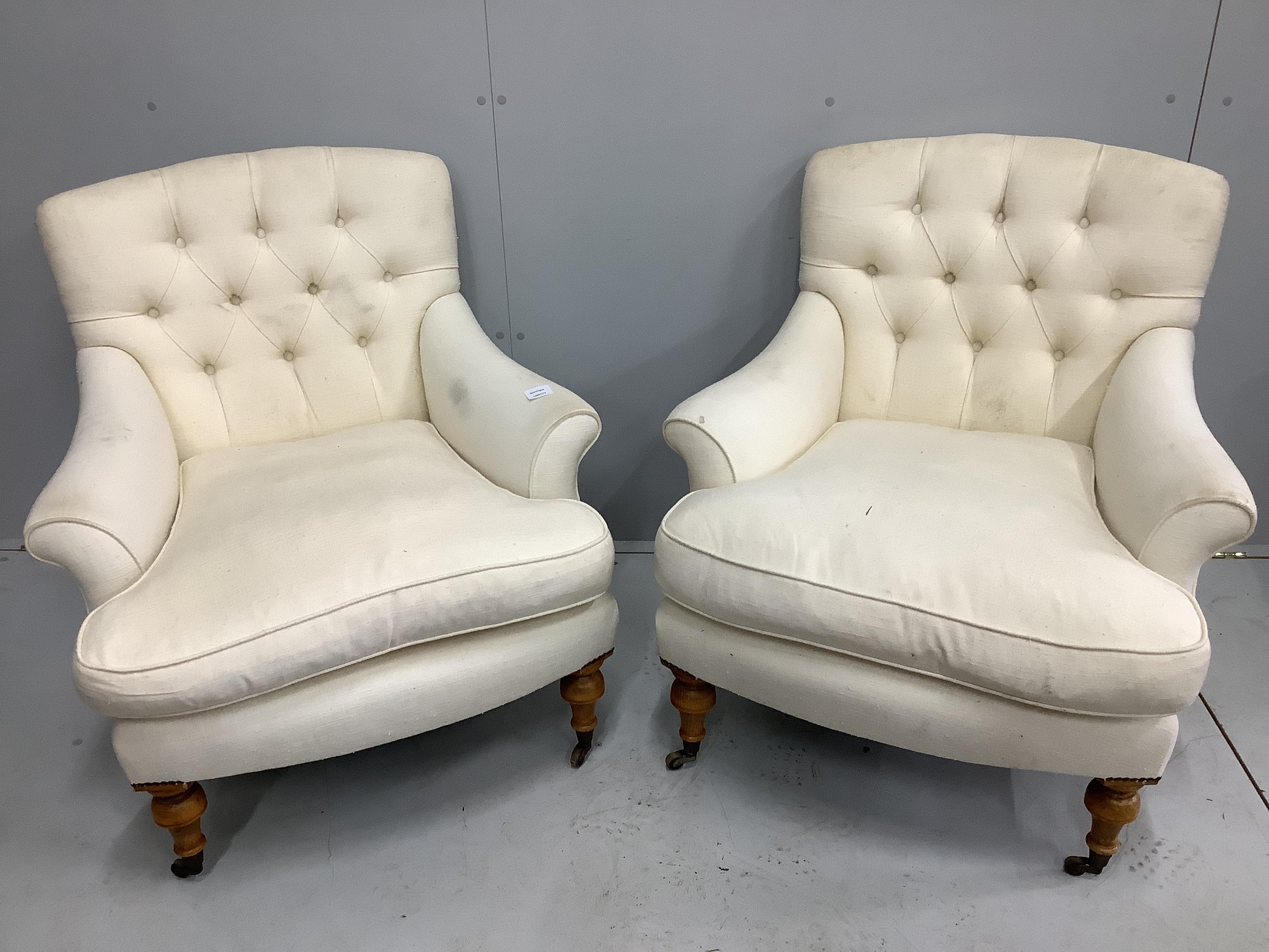 A pair of Victorian style upholstered buttonback armchairs, width 80cm, depth 70cm, height 85cm